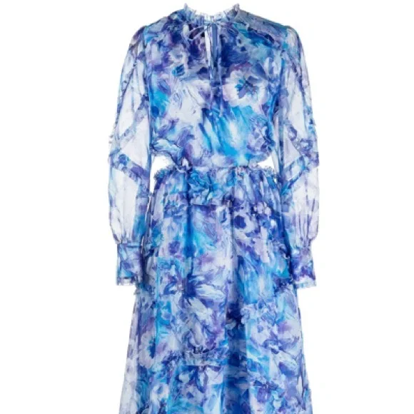 Marchesa Notte I NWT I Blue Midi Long-Sleeve Watercolor Floral Dress - Picture 3 of 6